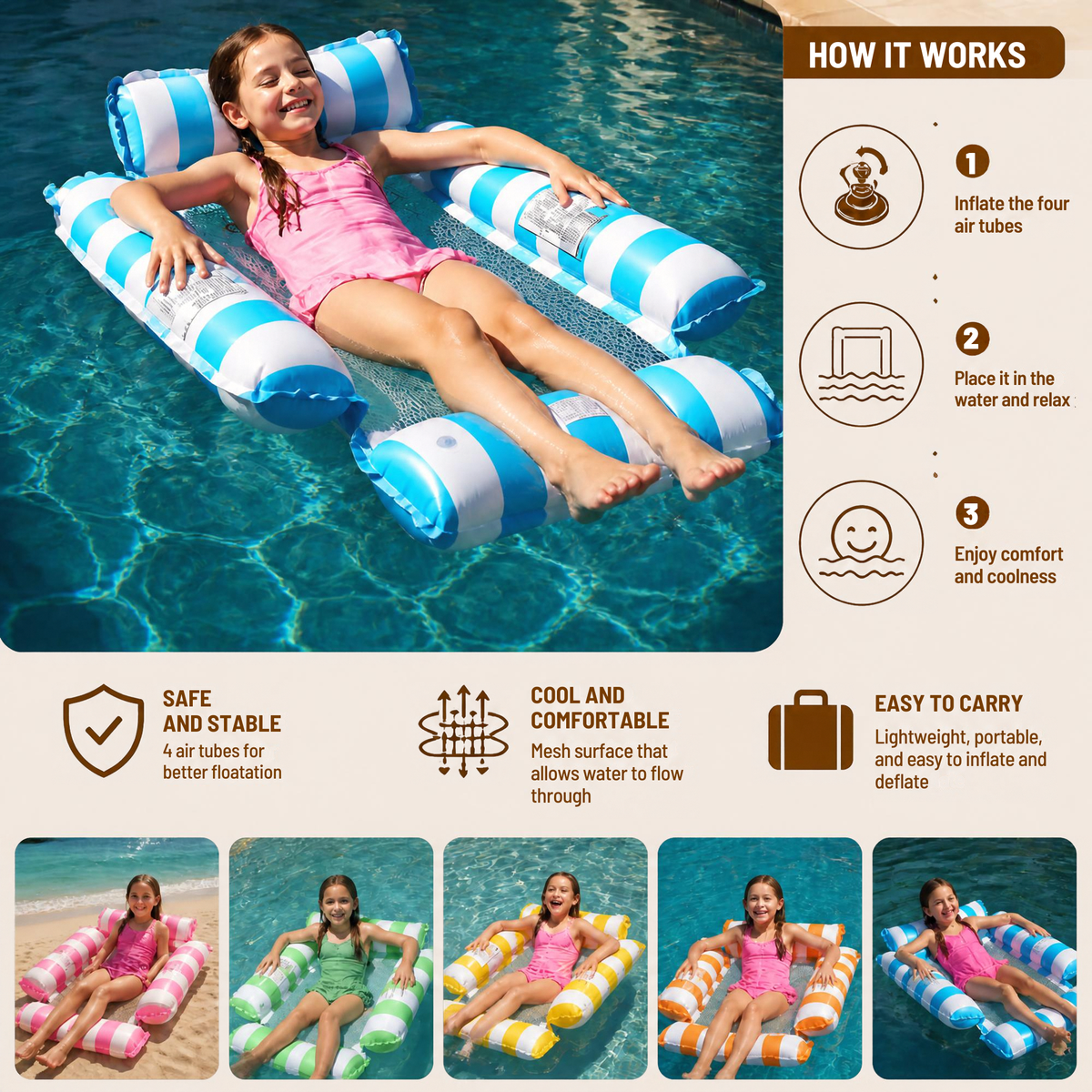 Kids' Inflatable Pool Seat & Mesh Surface Water Hammock