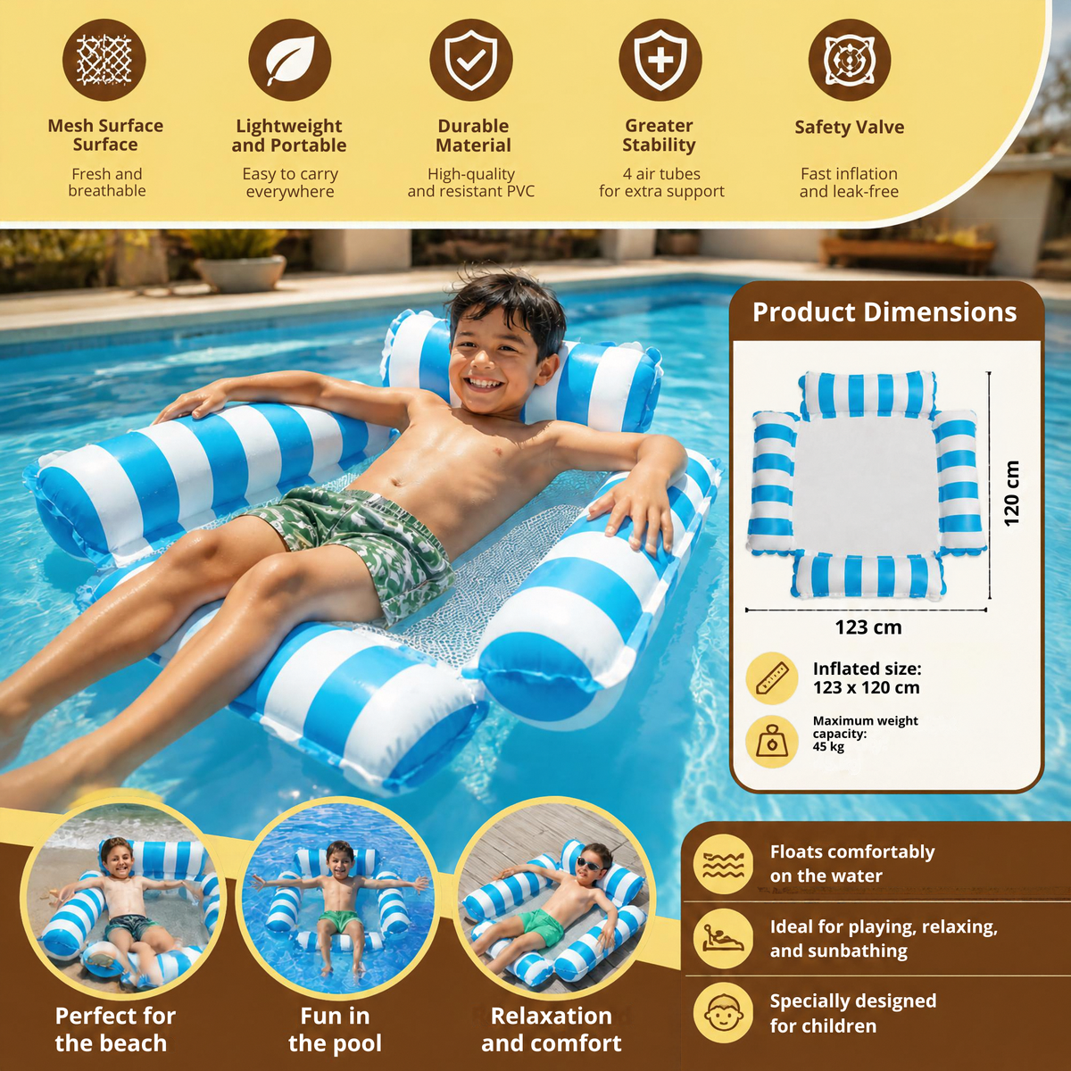 Kids' Inflatable Pool Seat & Mesh Surface Water Hammock