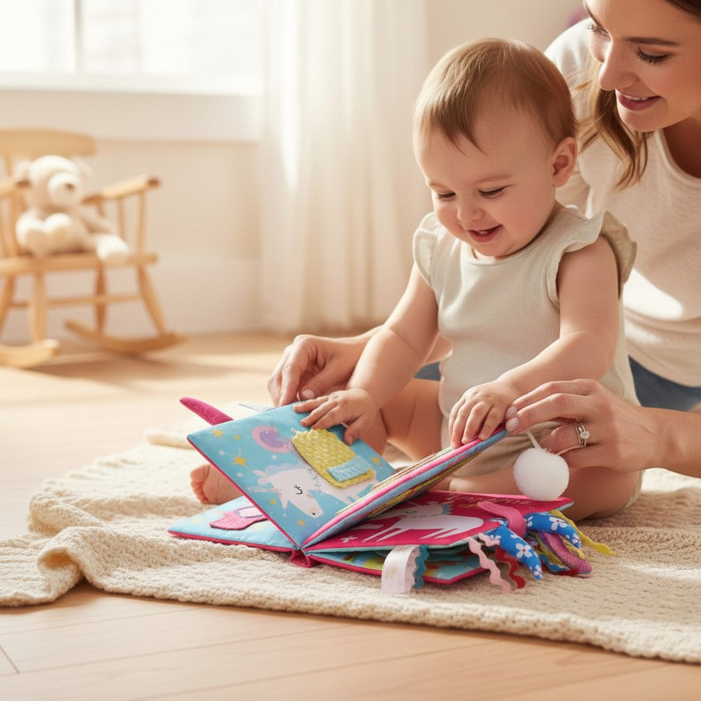 Woman and child sitting on a rug, looking at a colorful book together.