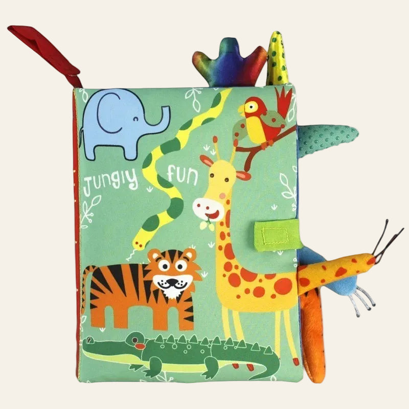 Children's soft book with colorful animal illustrations on a white background