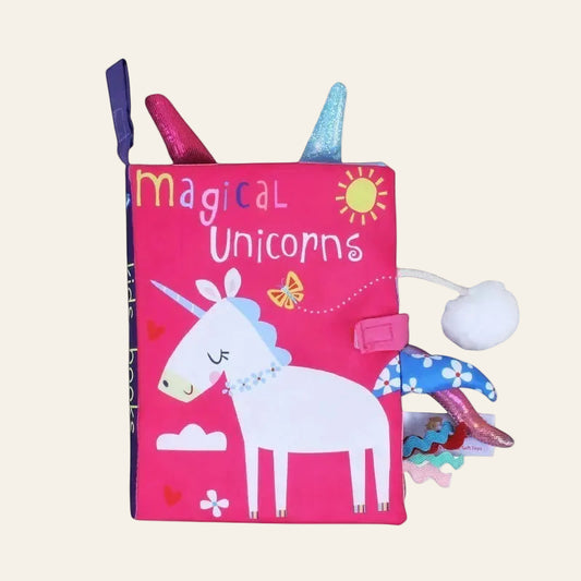 Children's book titled 'Magical Unicorns' with colorful unicorn illustrations on a white background