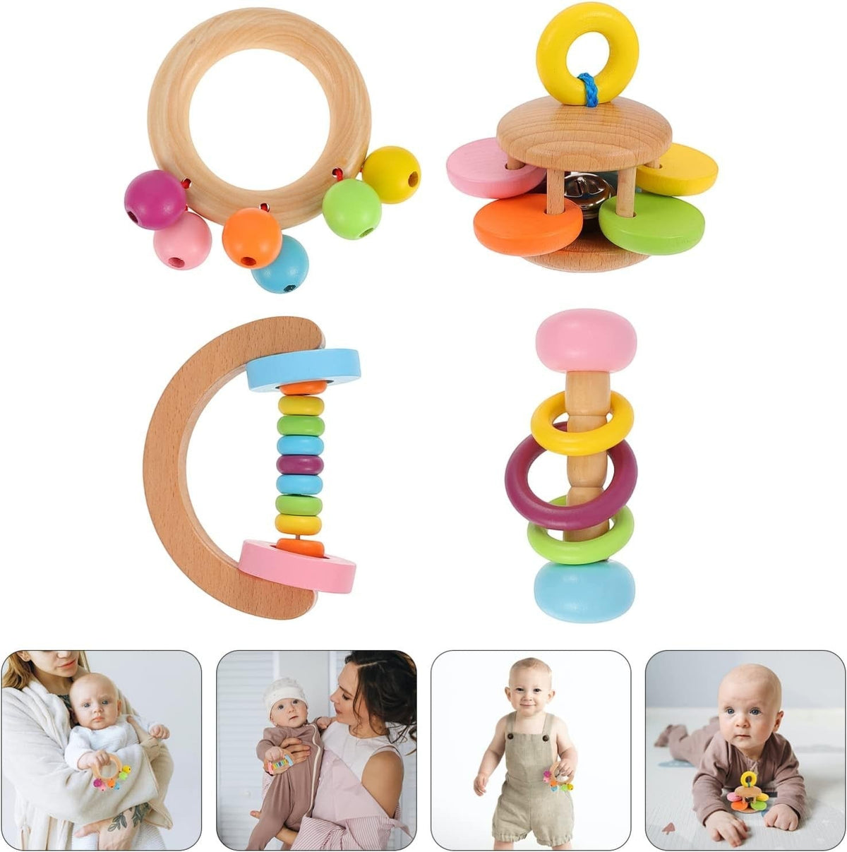 Montessori Wooden Baby Rattle Set (4 Pack)