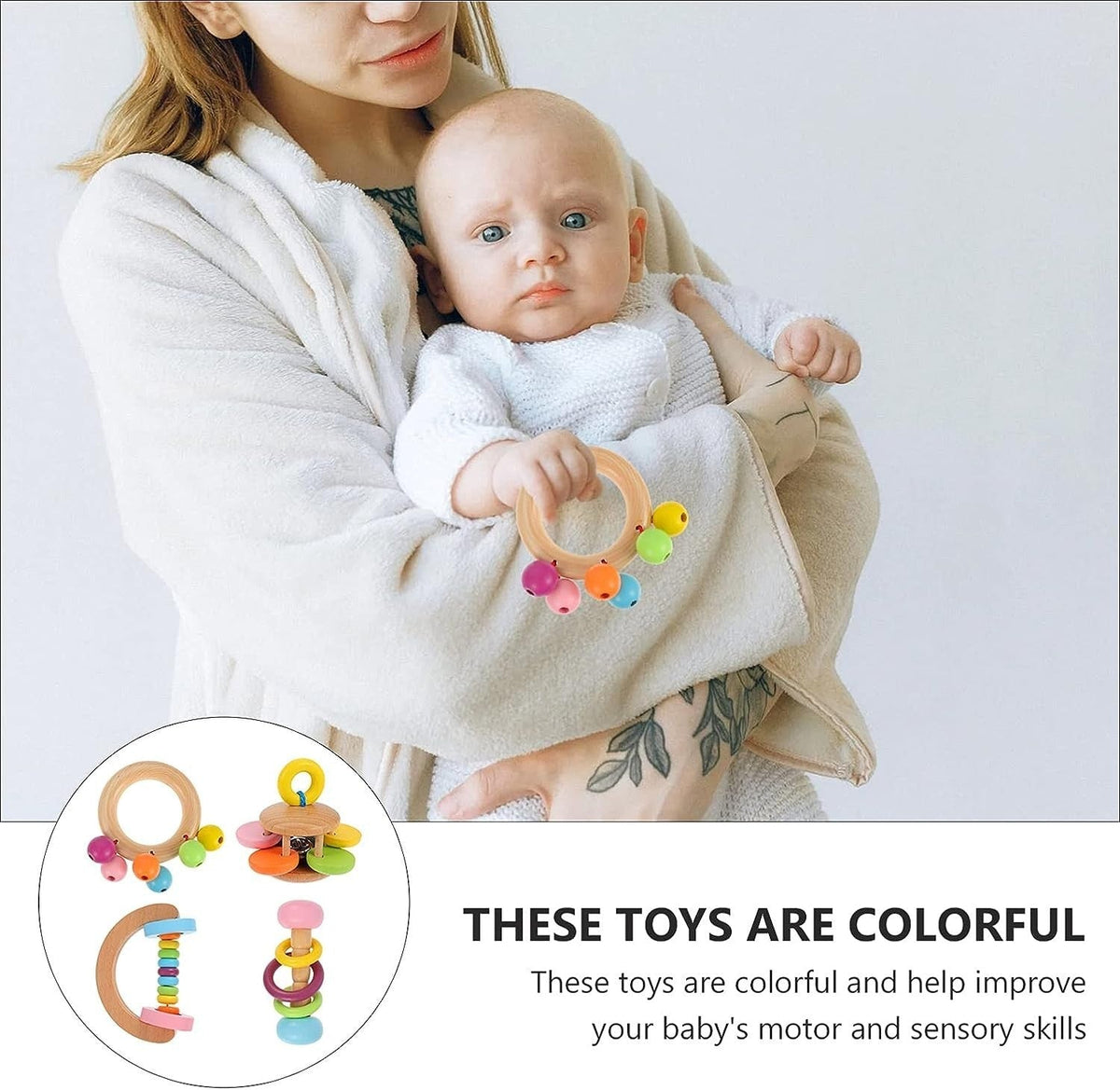 Montessori Wooden Baby Rattle Set (4 Pack)